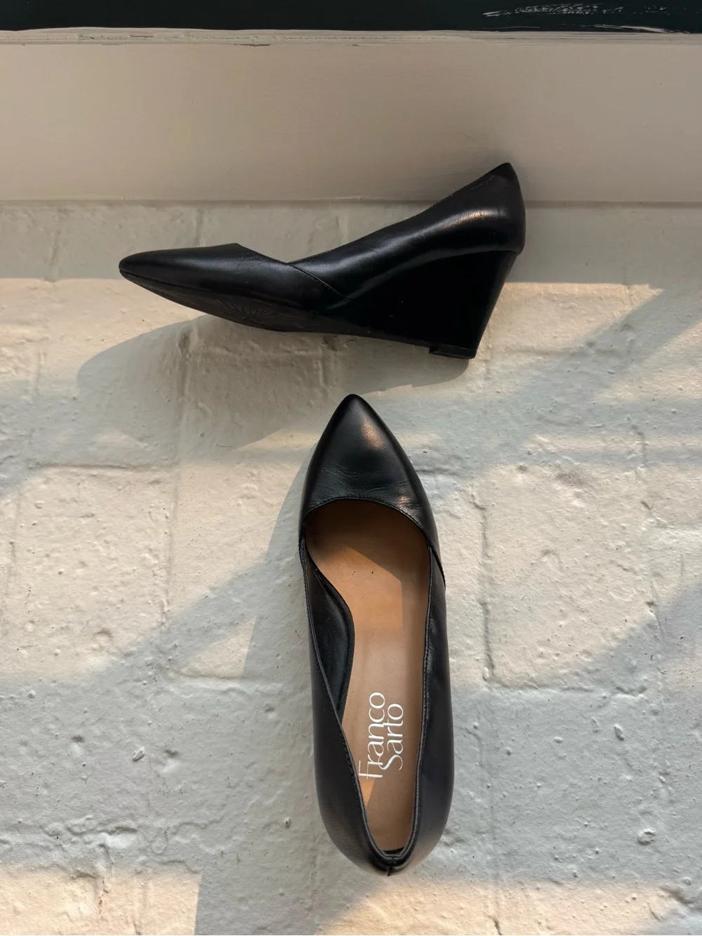 Franco Sarto ‘Frankie’ Black Leather Pointed-Toe Wedge Pumps